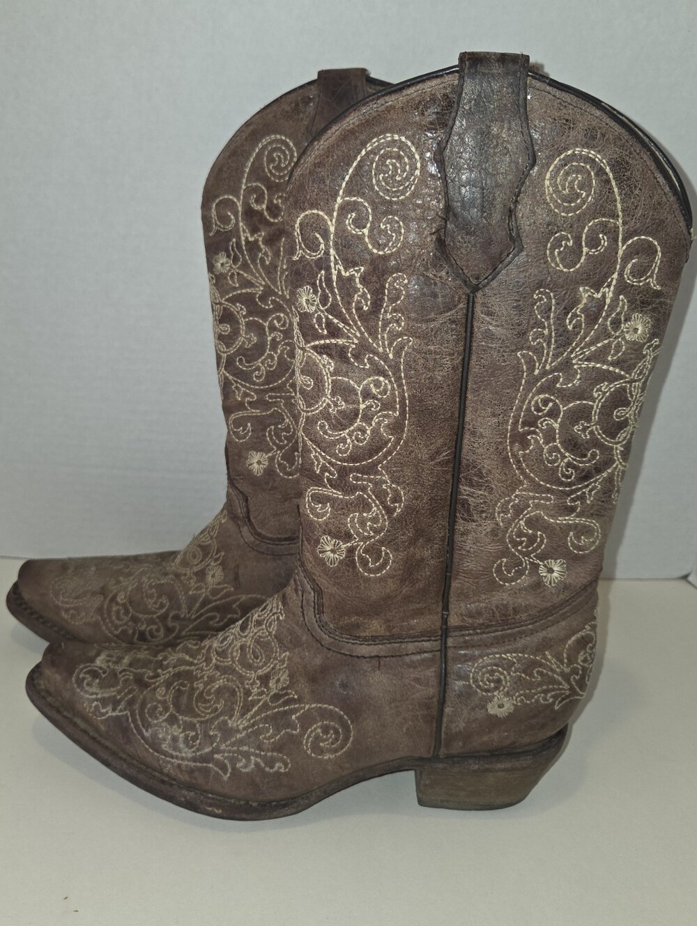 Corral Womens/Teens Sz 4T Brown Leather  Cowboy Boots Embroidered Floral Scrolls - Picture 4 of 9